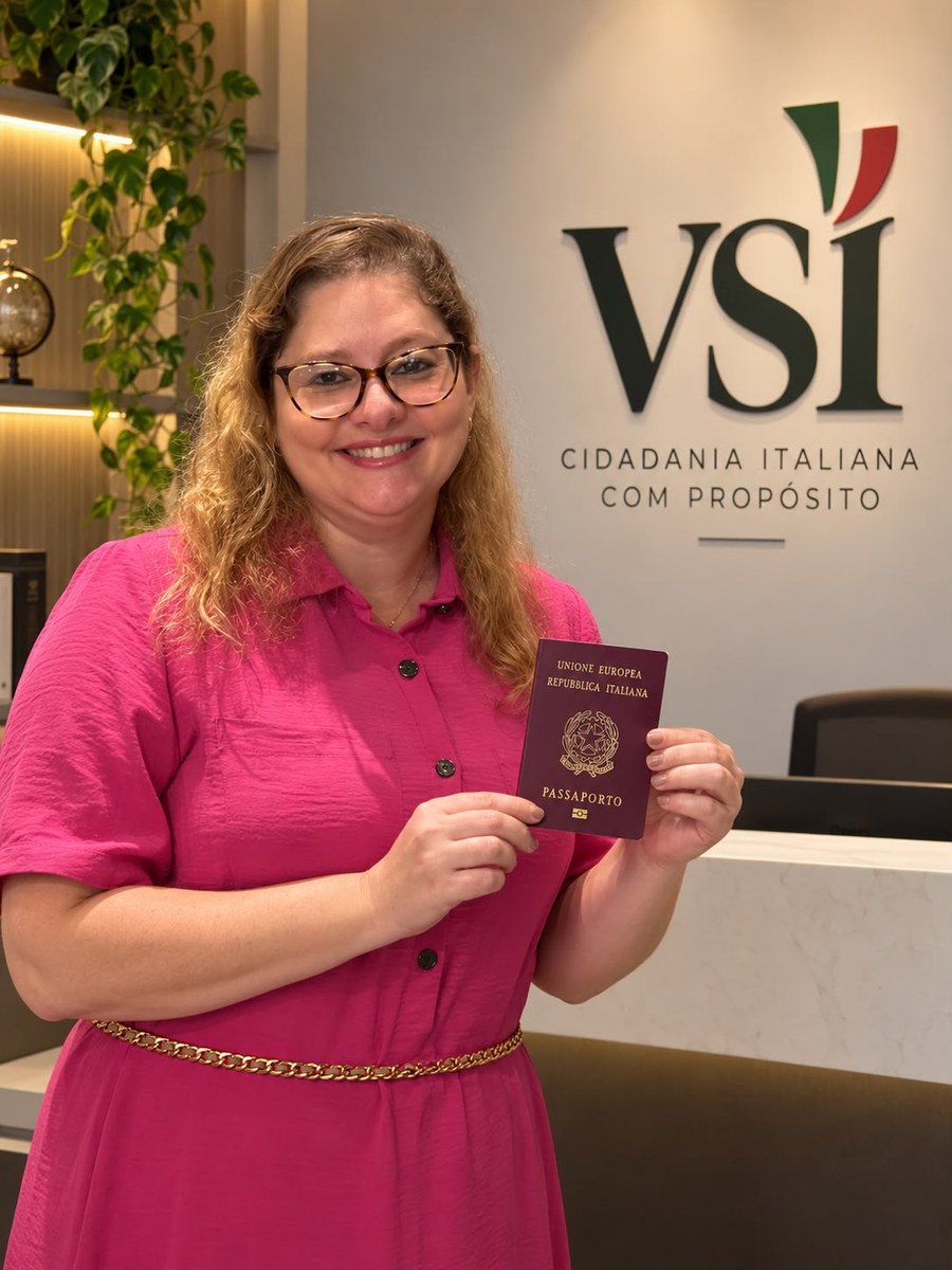 Dra. Carla Fernanda De Marco segurando um passaporte italiano na recepção da VSI
