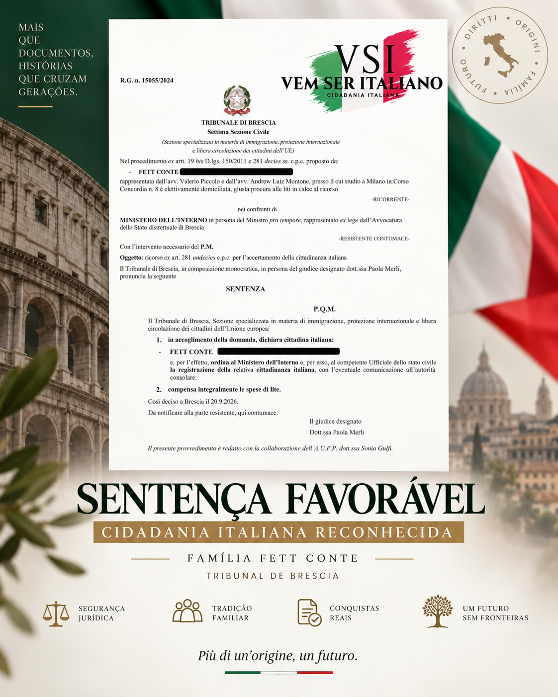 Publicação da sentença favorável do Tribunal de Brescia, com documentos e dados pessoais protegidos
